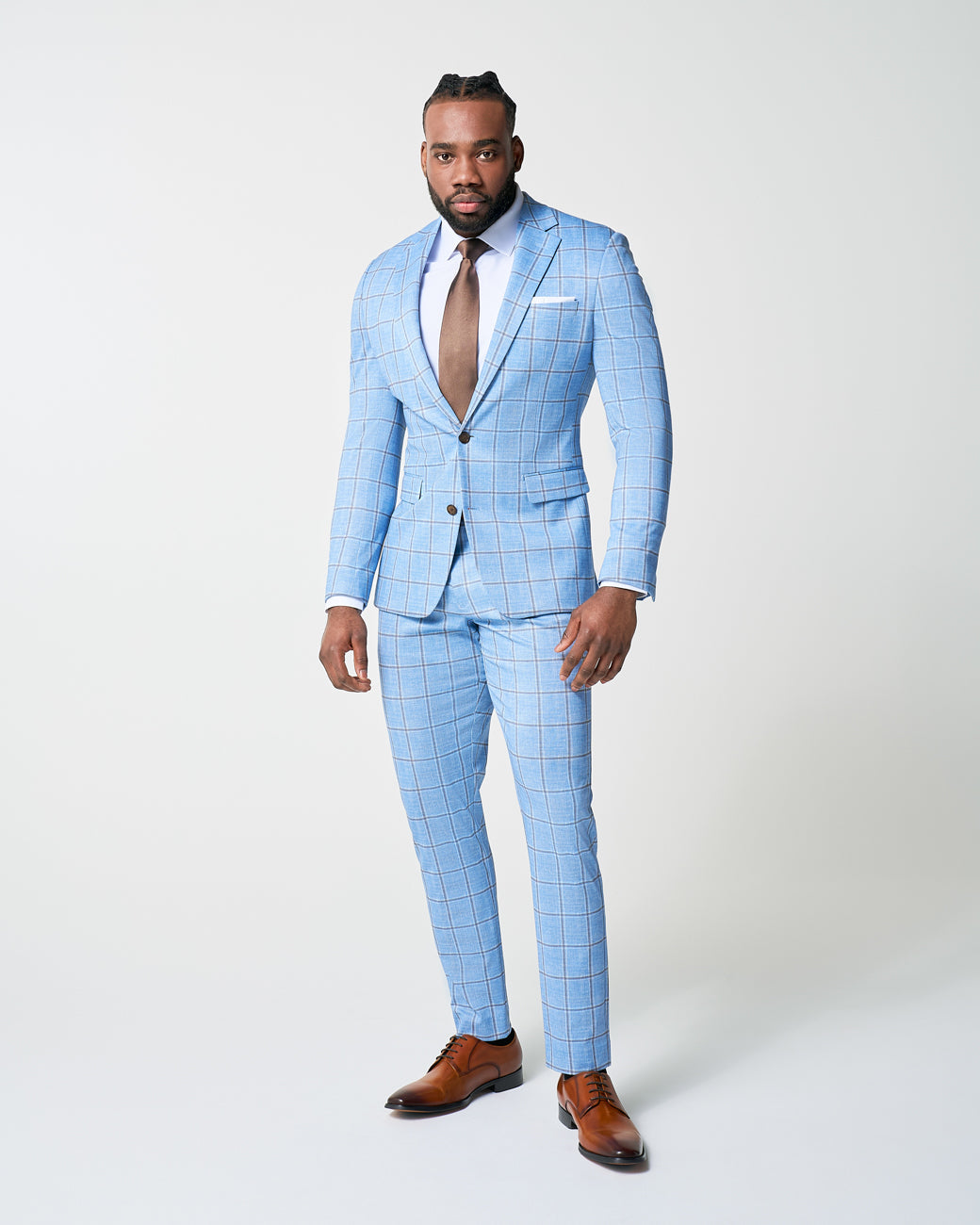 Athletic Fit Stretch Blazer - Light Blue and Brown Big Windowpane