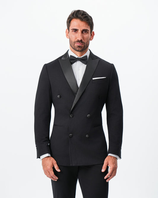 Athletic Fit Stretch Tuxedo Jacket - Double Breasted Solid Black with