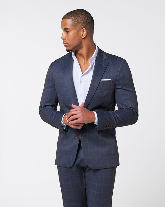 Athletic Fit Stretch Blazer - Navy & Brown Windowpane