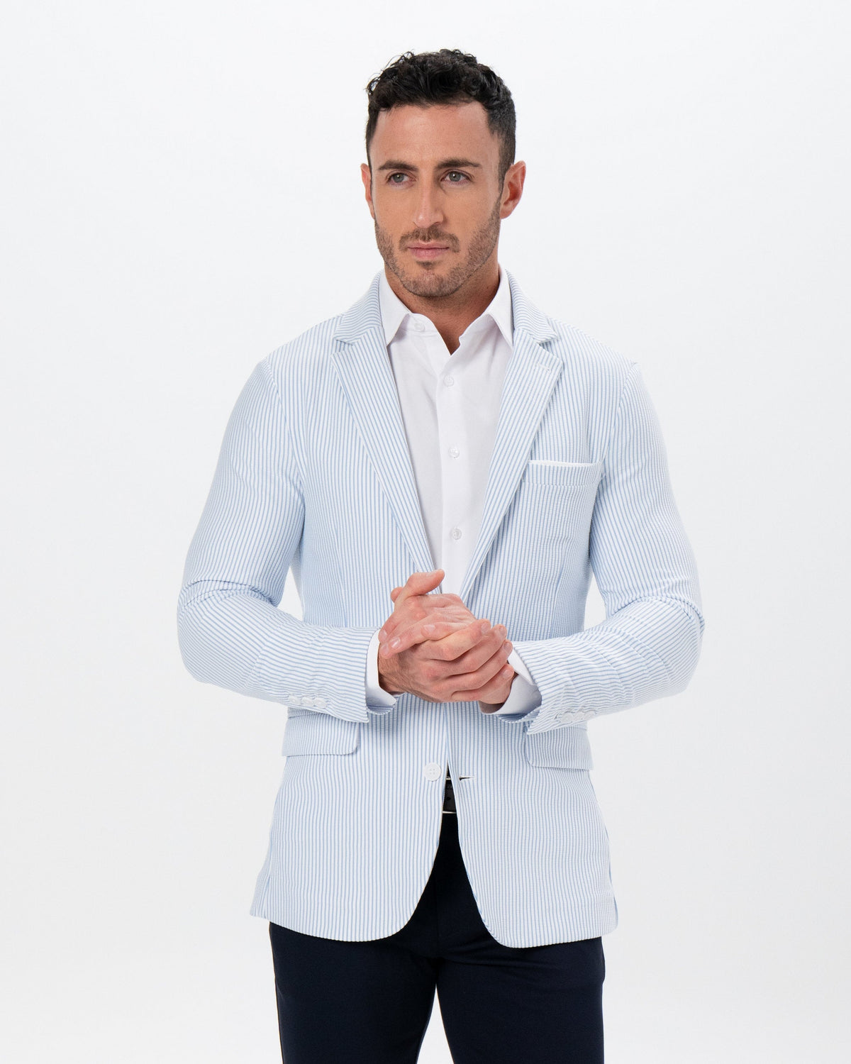 Athletic Fit Stretch Blazer - Light Blue & White Seersucker