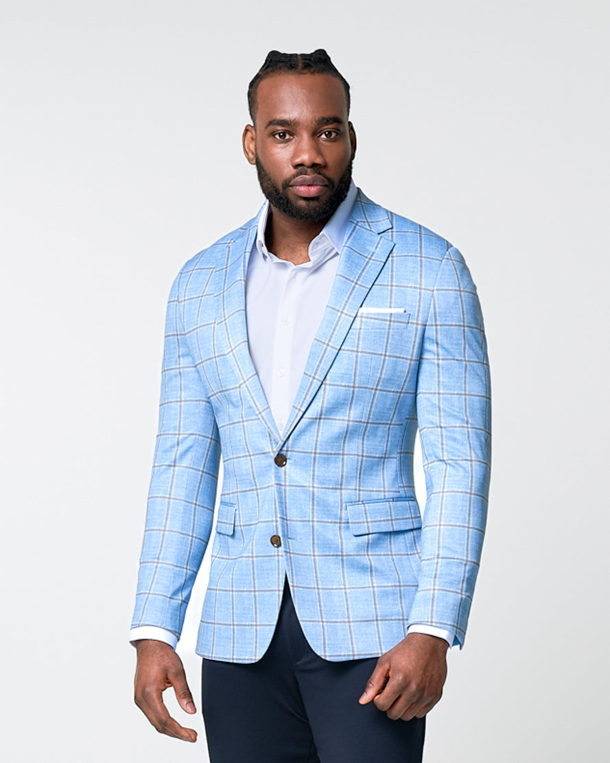 Athletic Fit Stretch Blazer - Light Blue and Brown Big Windowpane