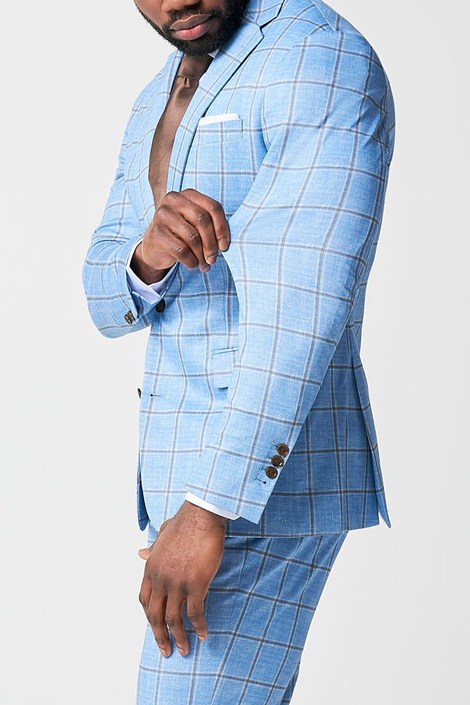 Athletic Fit Stretch Blazer - Light Blue and Brown Big Windowpane
