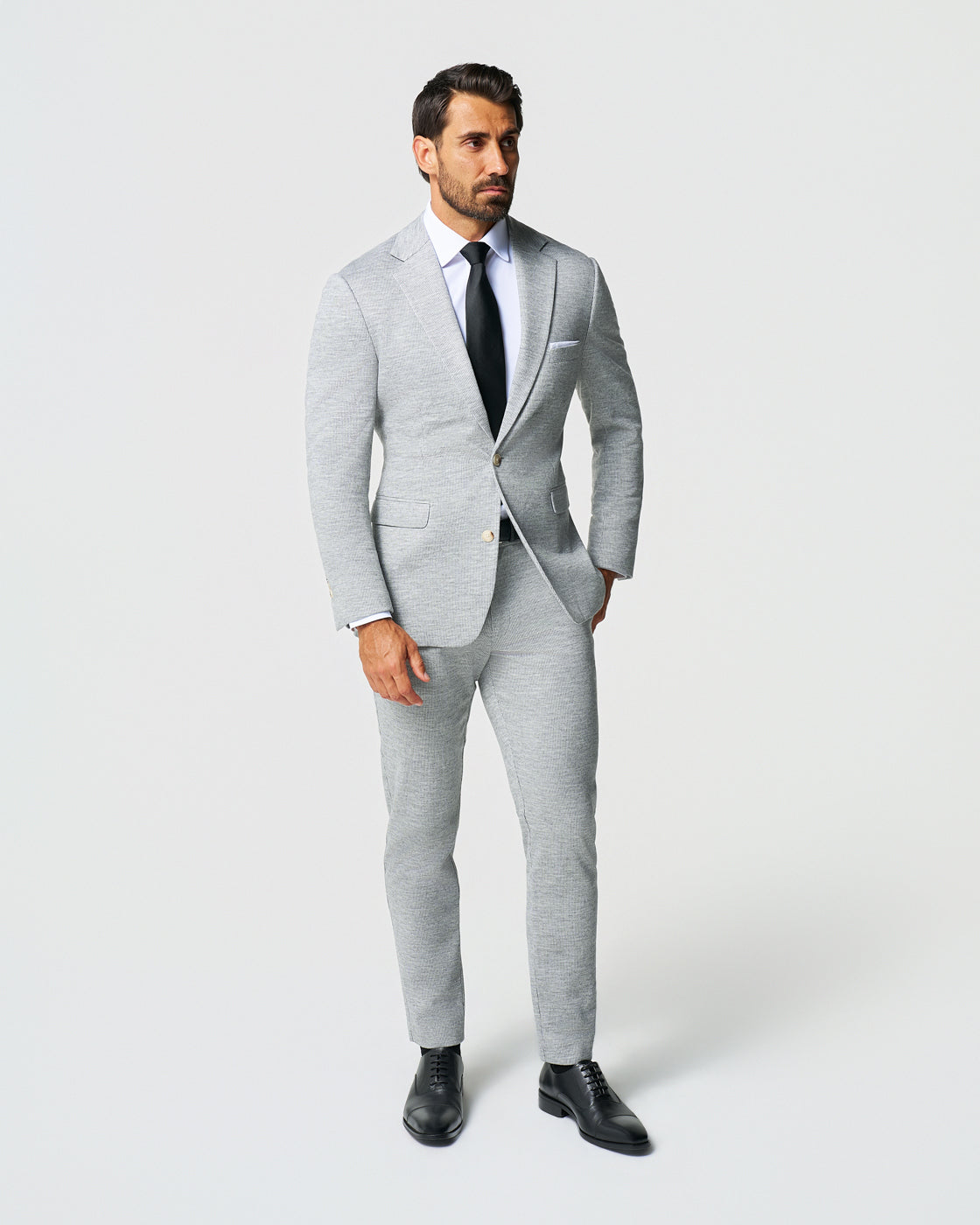 Athletic Fit Stretch Wool Blazer - Light Grey with White Mini Stripe
