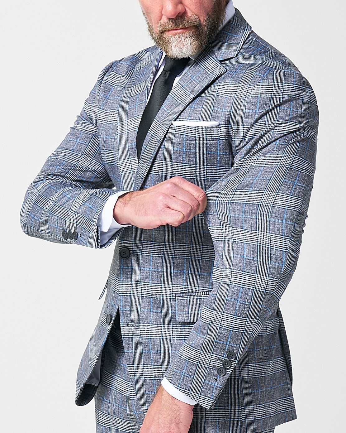 Athletic Fit Stretch Blazer - Grey with Blue Plaid