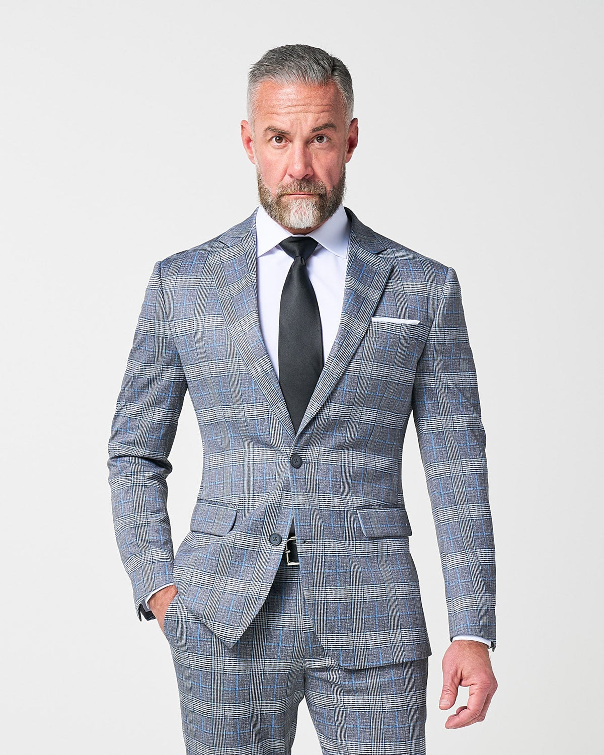 Athletic Fit Stretch Blazer - Grey with Blue Plaid
