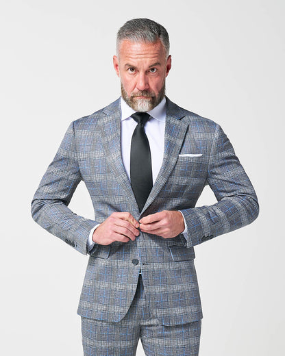 Athletic Fit Stretch Blazer - Grey with Blue Plaid