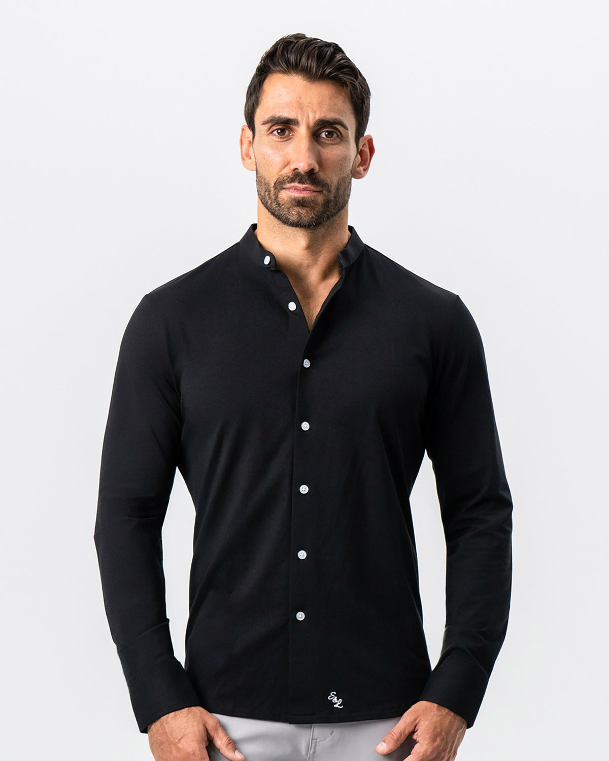 Banded Collar Button Down - Black