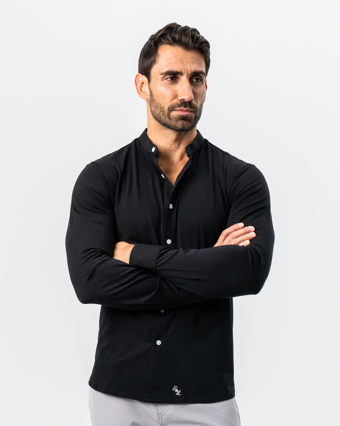 Banded Collar Button Down - Black