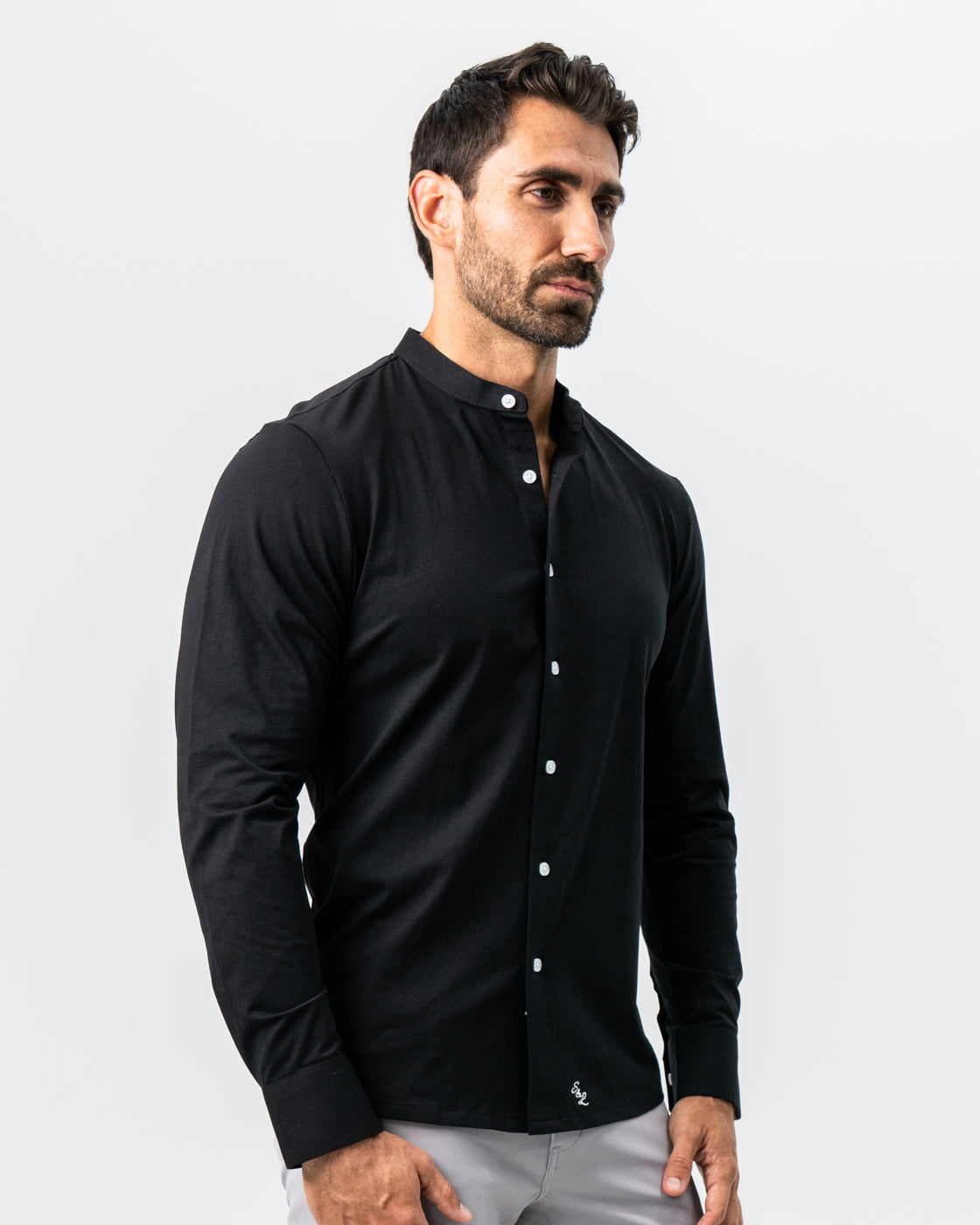 Banded Collar Button Down - Black