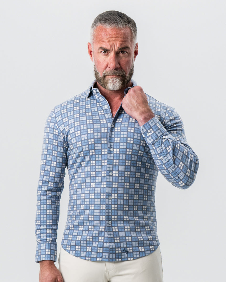 "The Ellis" Blue, Tan & Teal Plaid Button Down
