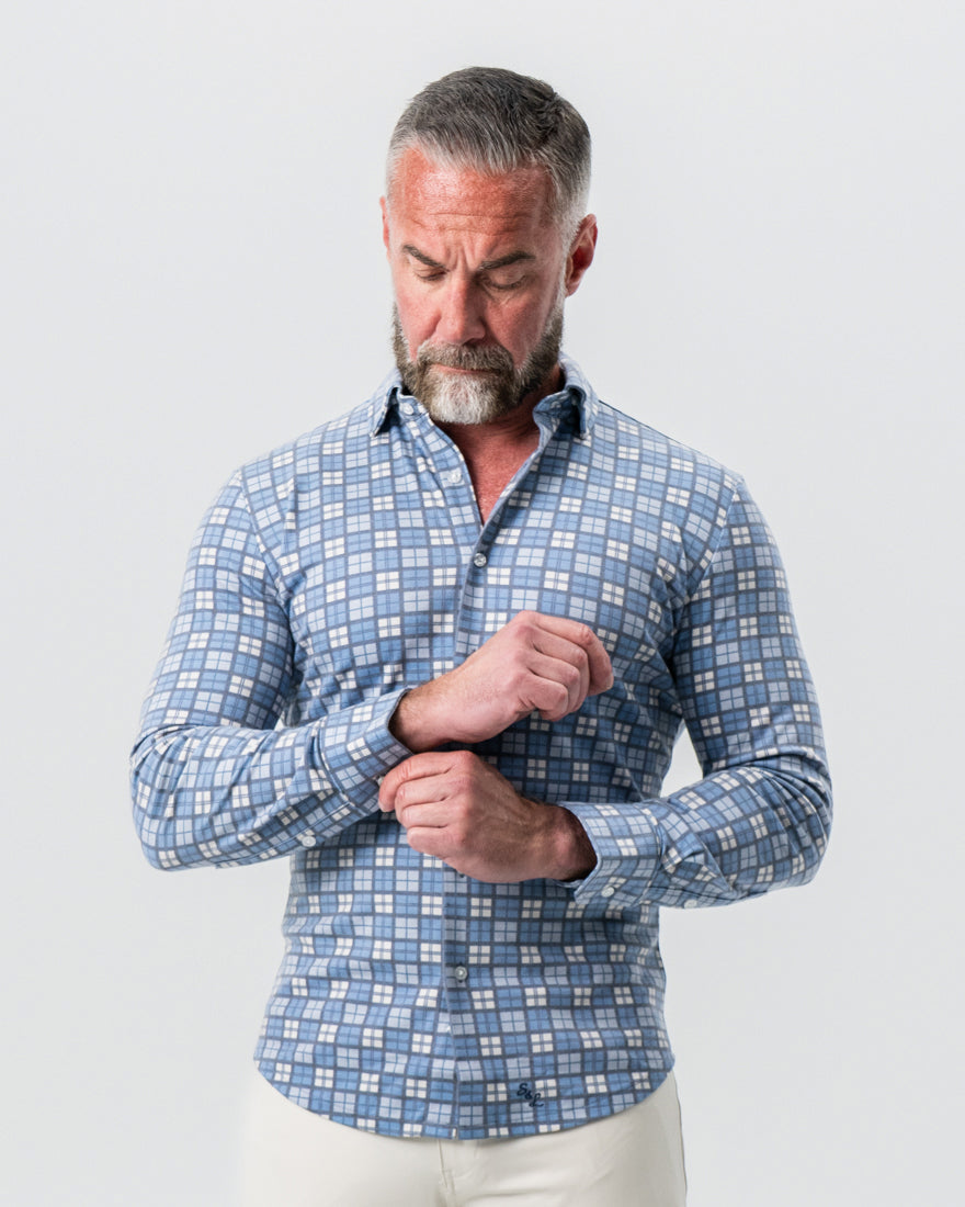"The Ellis" Blue, Tan & Teal Plaid Button Down