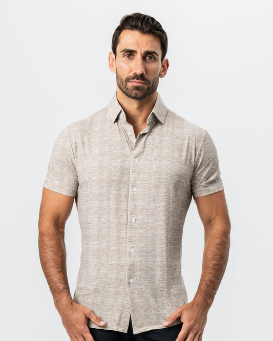"The Giovanni" Printed Linen Olive Short Sleeve Button Down