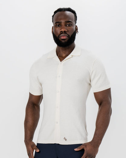 Textured Knit Short Sleeve Button Down - Tan