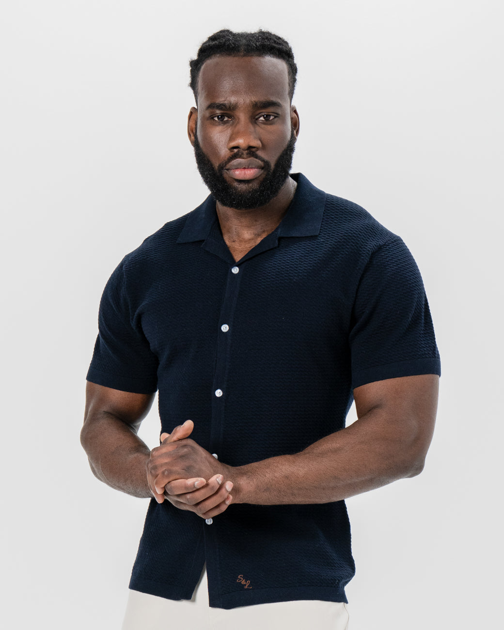Textured Knit Short Sleeve Button Down - Navy