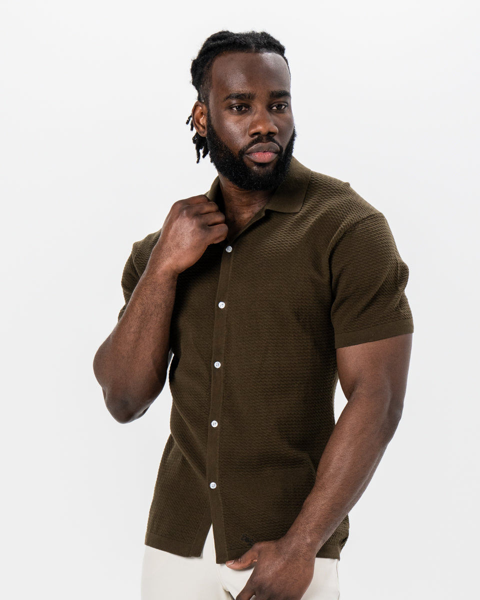 Textured Knit Short Sleeve Button Down - Olive