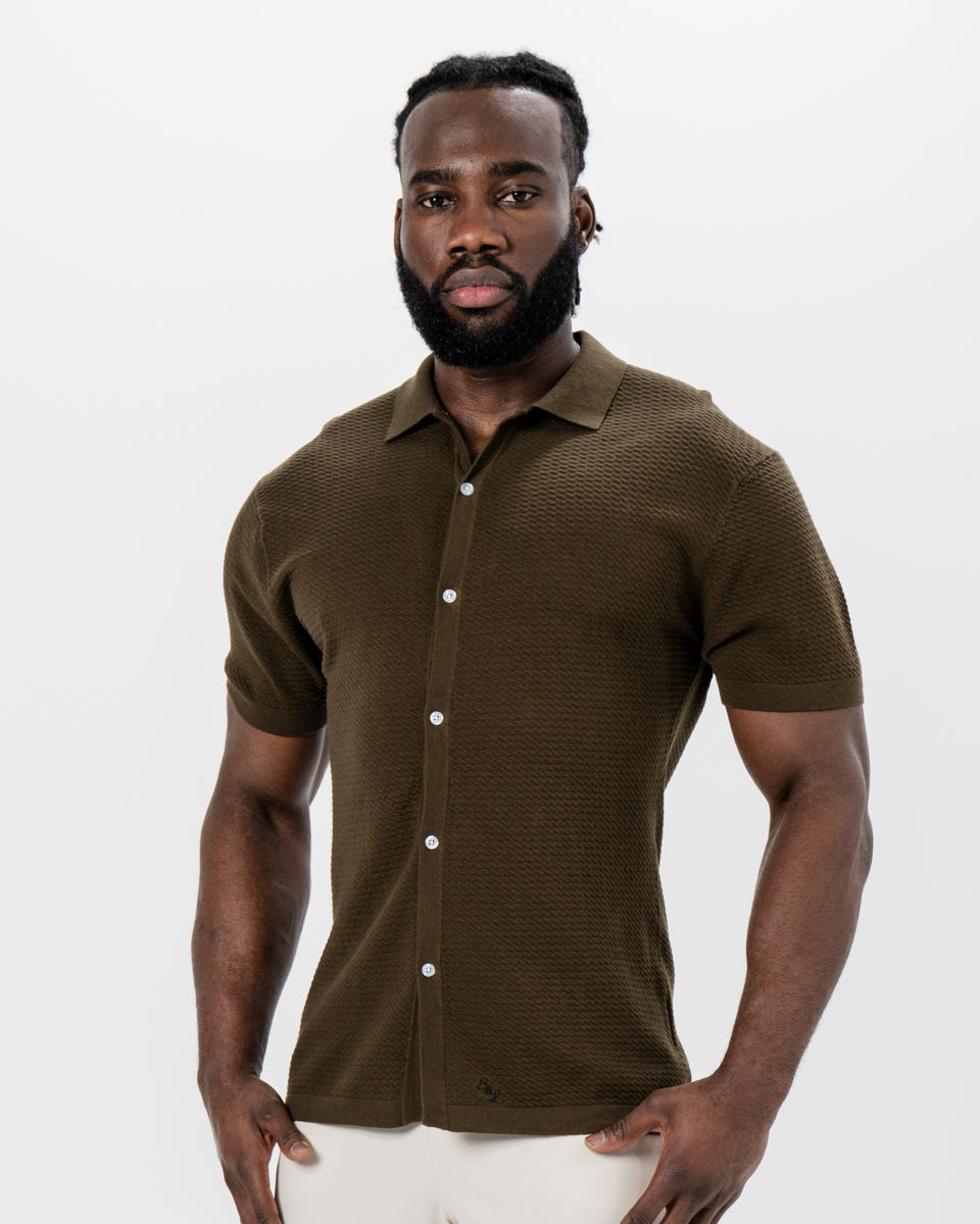 Textured Knit Short Sleeve Button Down - Olive