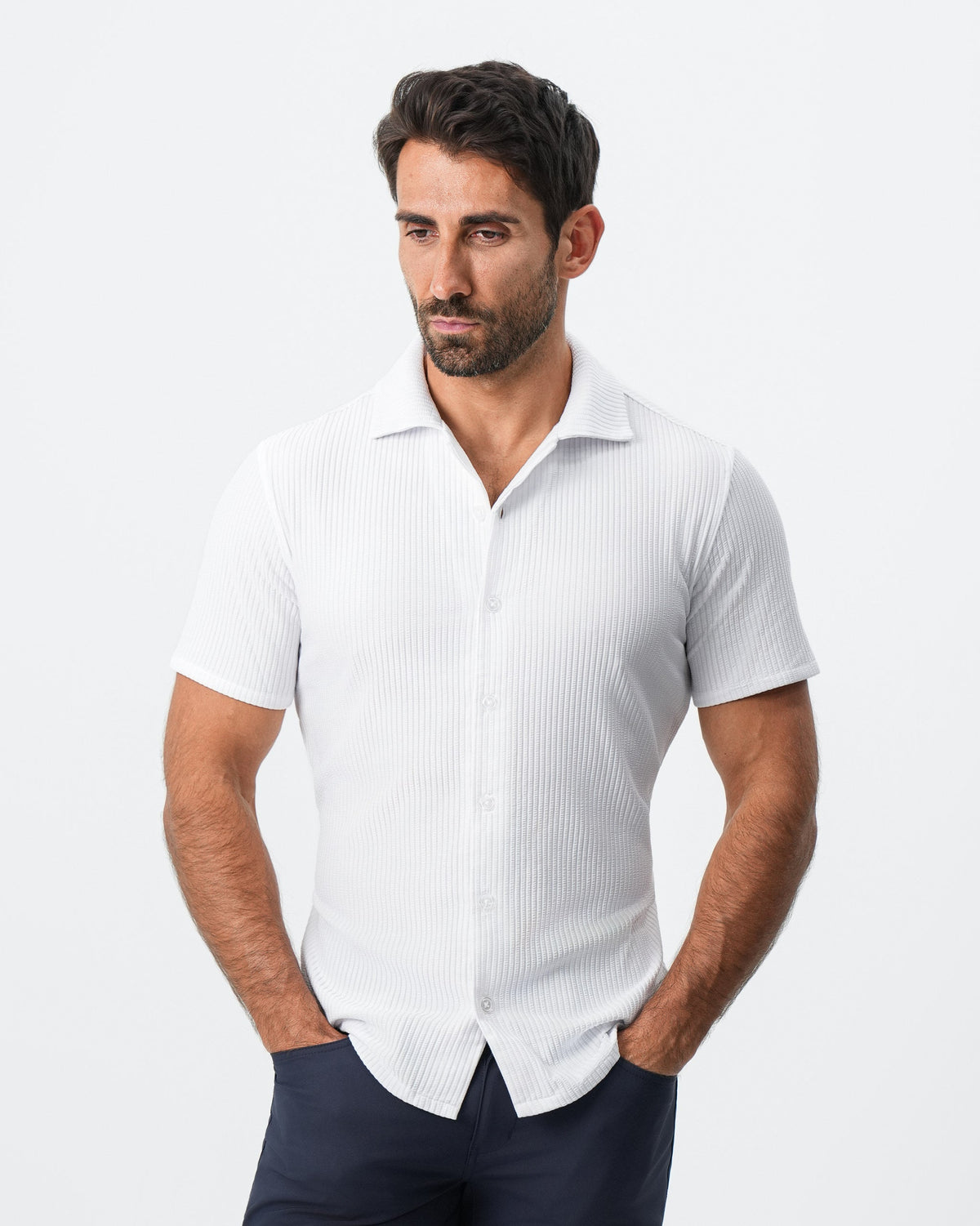 Seersucker Short Sleeve Button Down - White