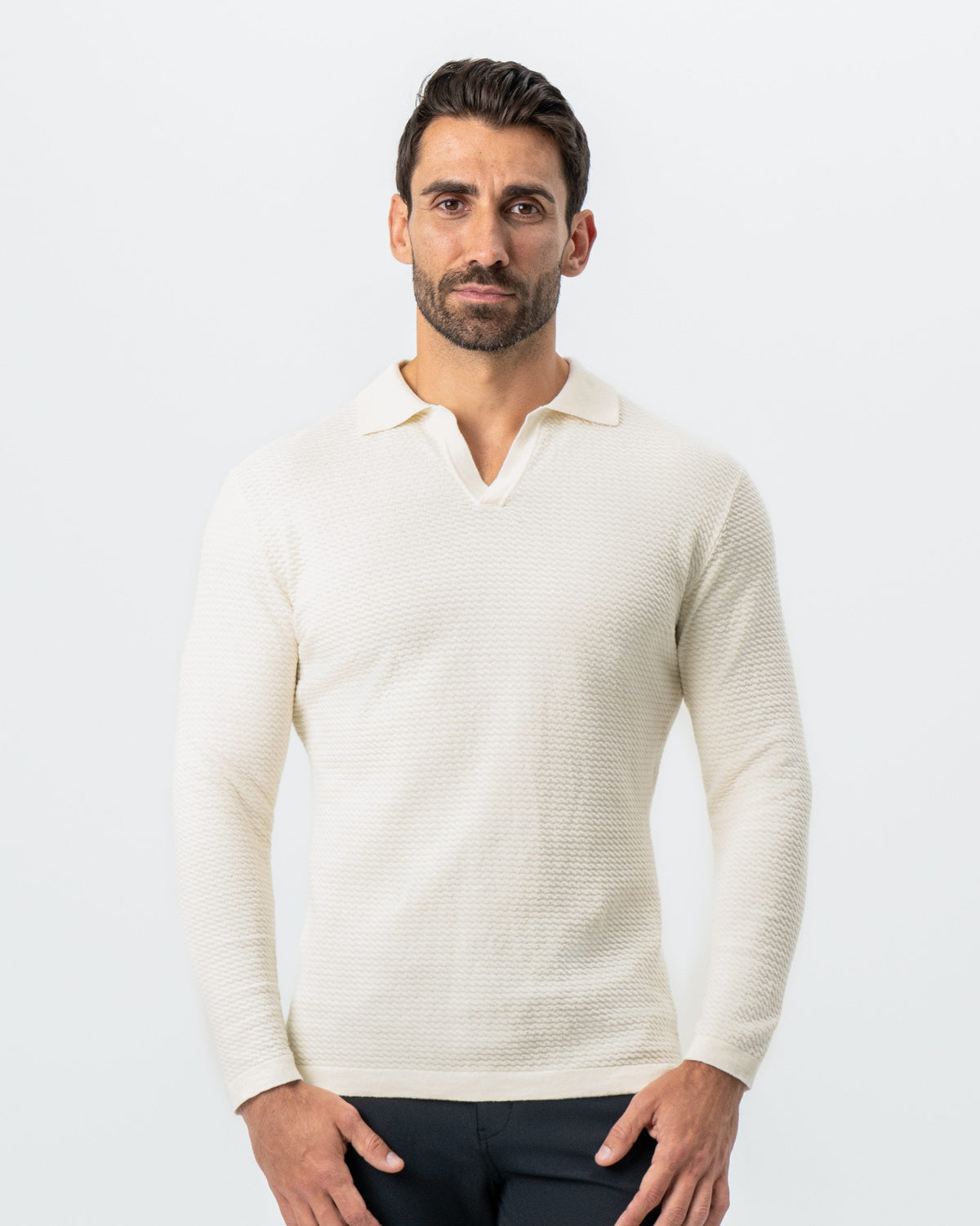 Textured Buttonless Long Sleeve Polo - Tan