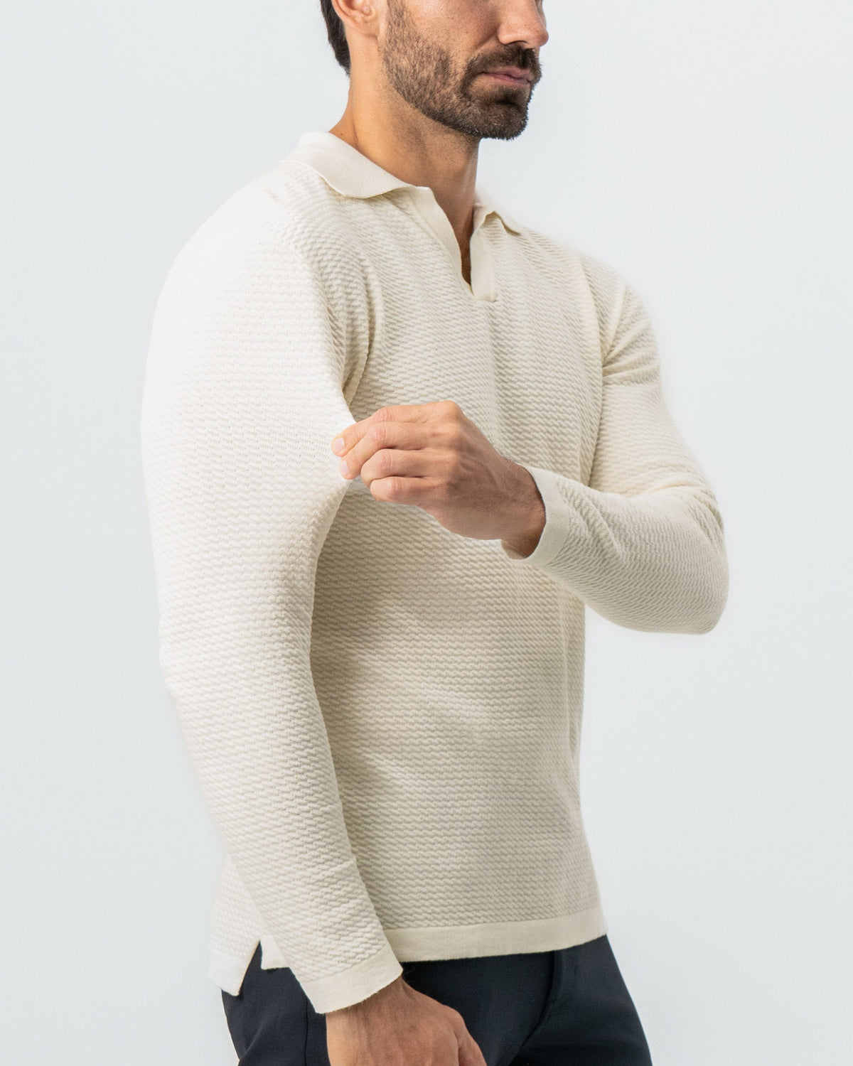 Textured Buttonless Long Sleeve Polo - Tan