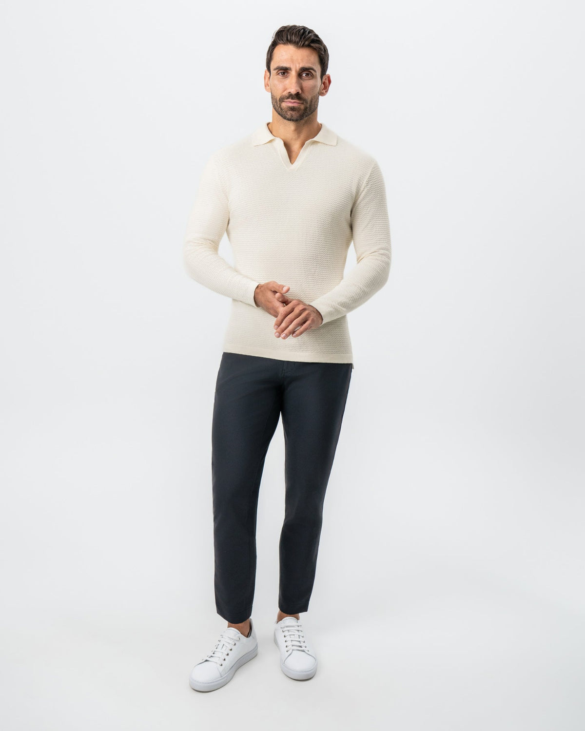 Textured Buttonless Long Sleeve Polo - Tan