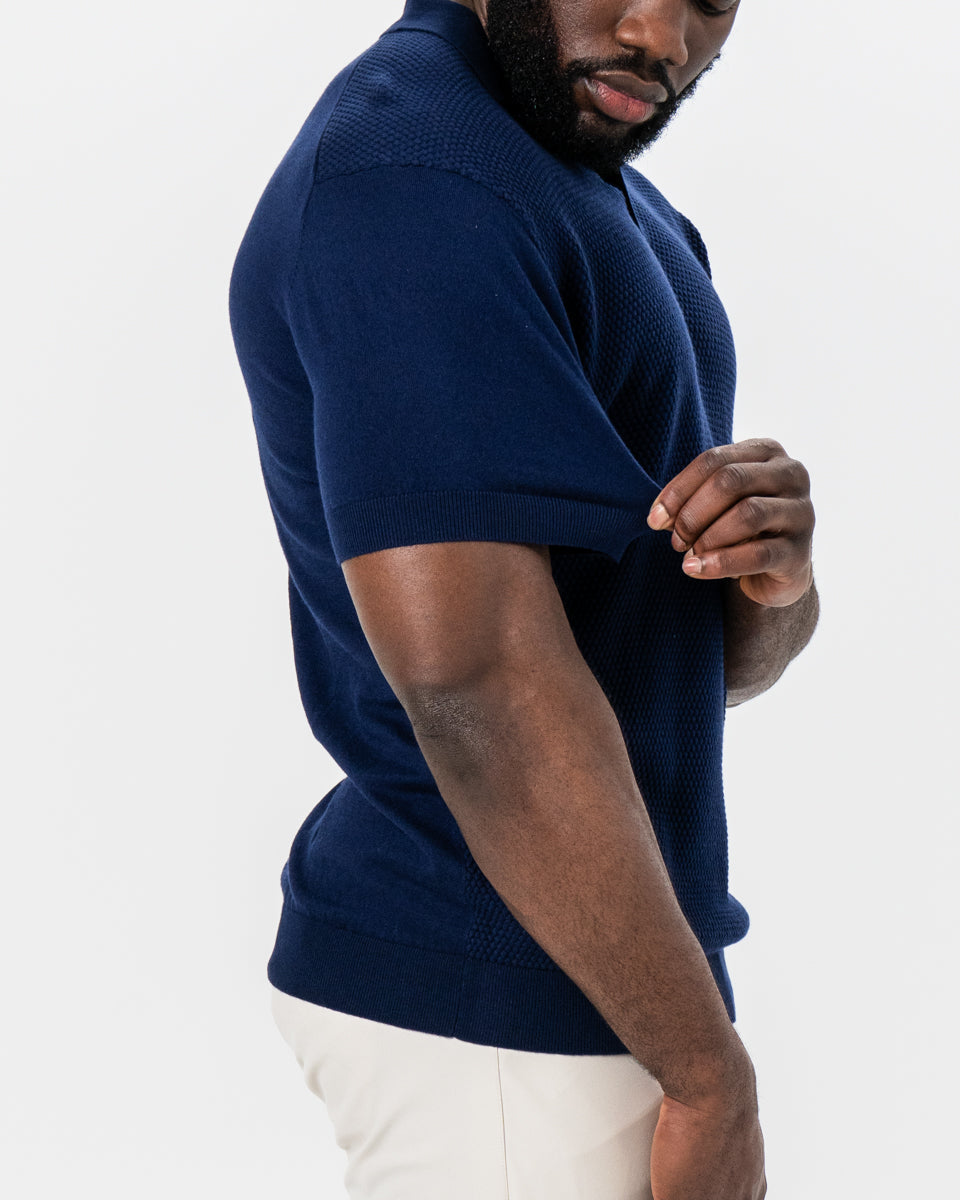 Textured Knit Cashmere Polo - Navy