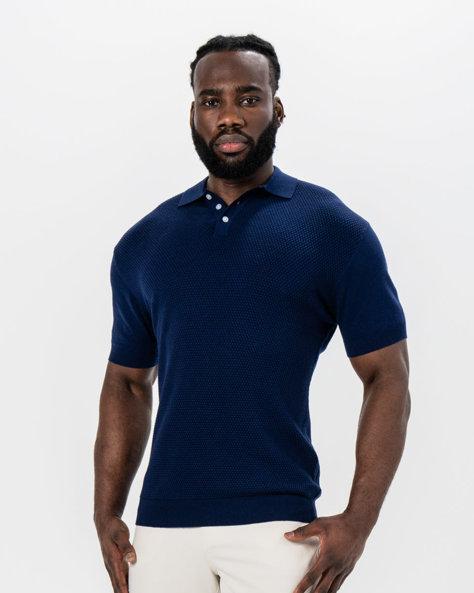 Textured Knit Cashmere Polo - Navy