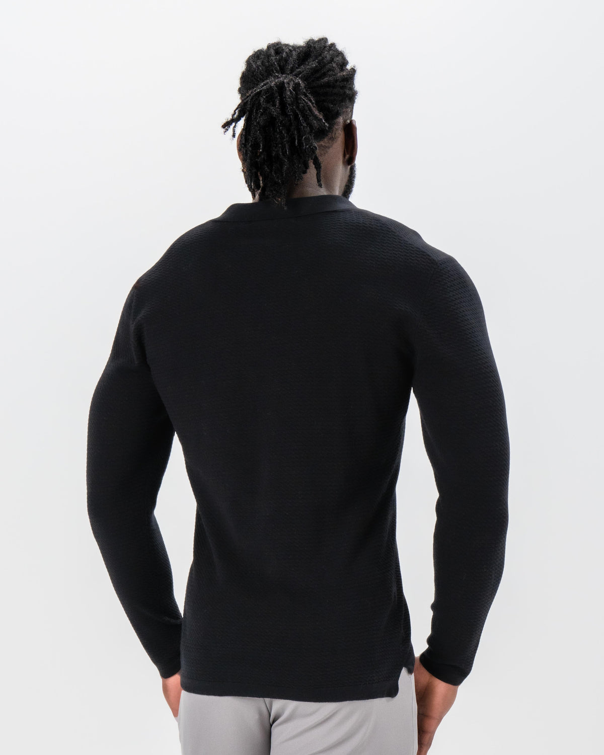 Textured Buttonless Long Sleeve Polo - Black