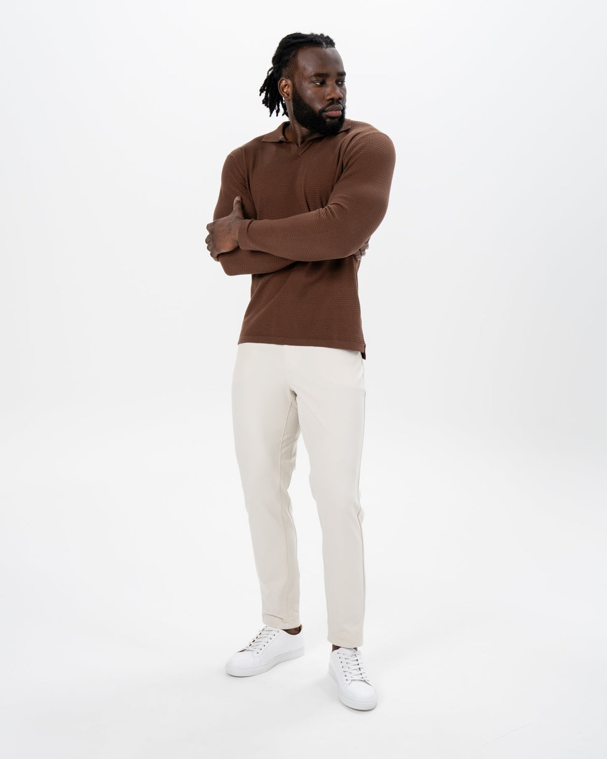 Textured Buttonless Long Sleeve Polo - Brown