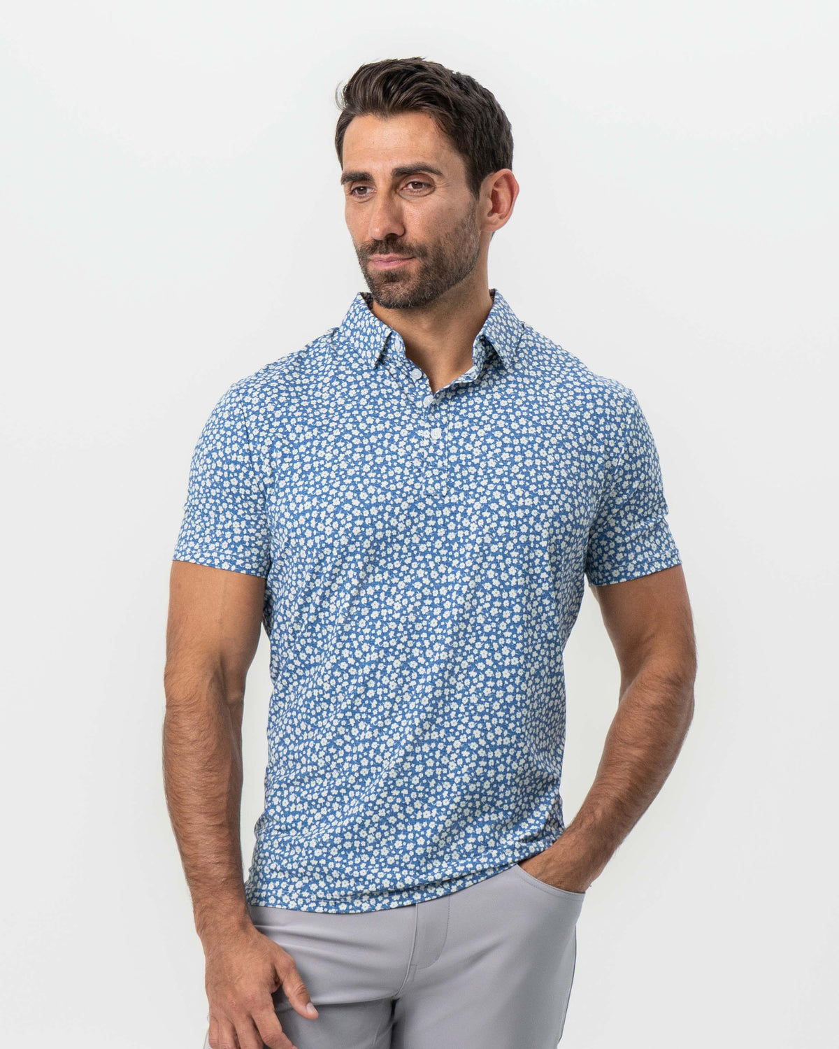 "The Ken" White & Light Blue Floral Print Polo