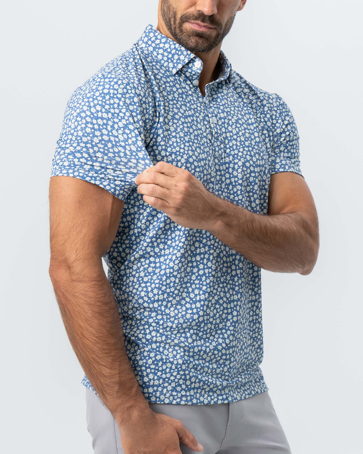 "The Ken" White & Light Blue Floral Print Polo