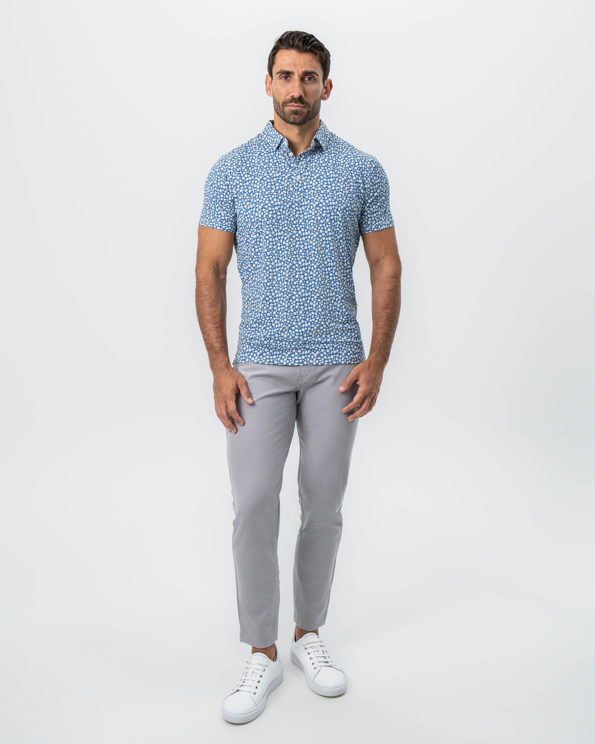"The Ken" White & Light Blue Floral Print Polo