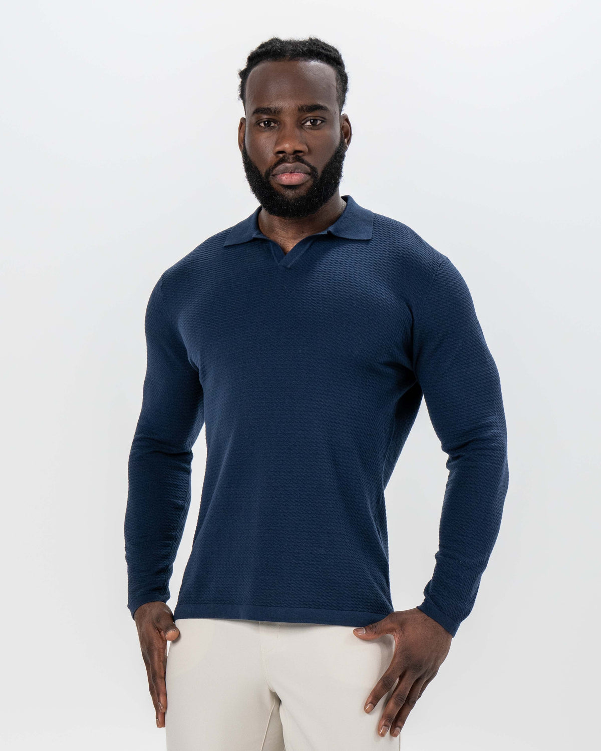 Textured Buttonless Long Sleeve Polo - Navy