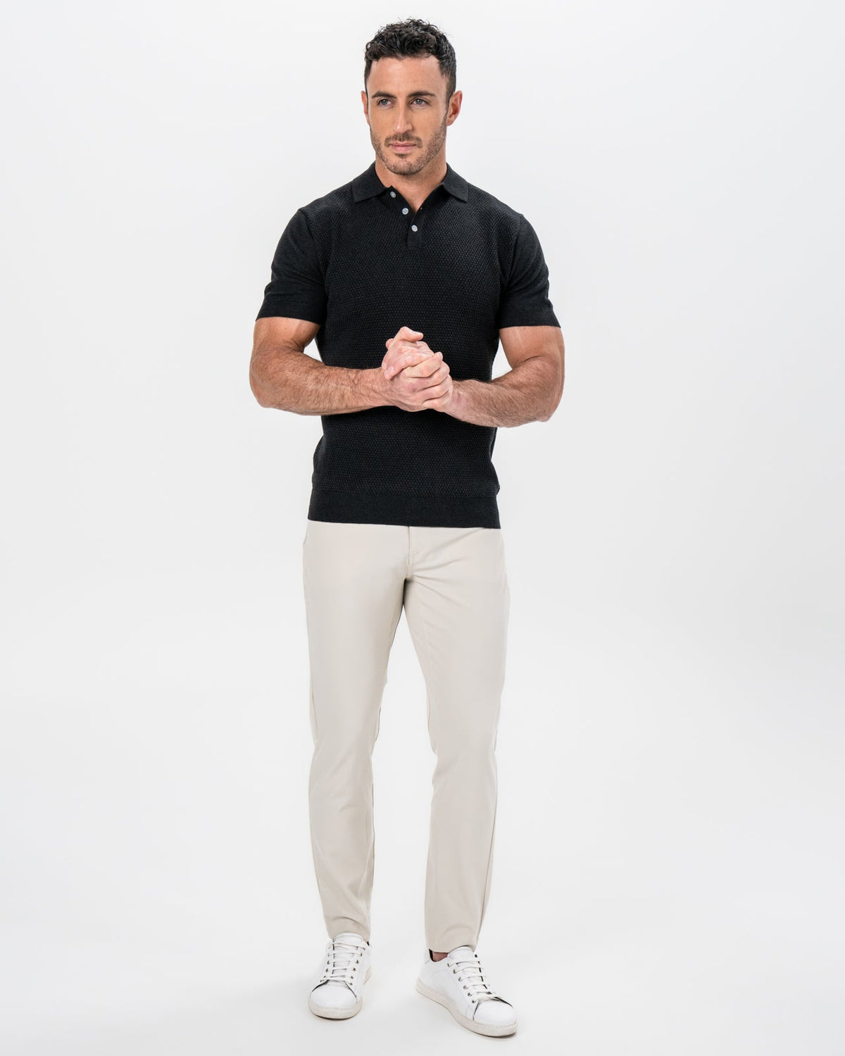 Textured Knit Cashmere Polo - Charcoal