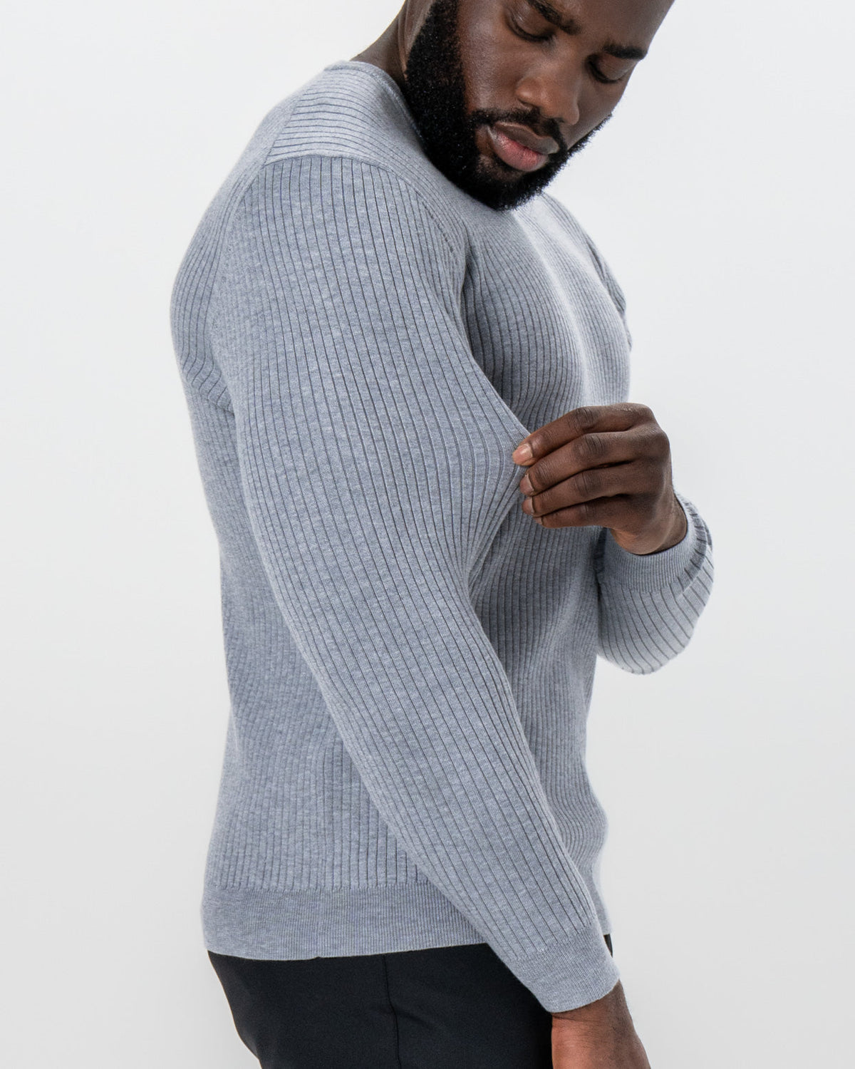Mid-Weight Ribbed Knit Crewneck Sweater - Light Grey