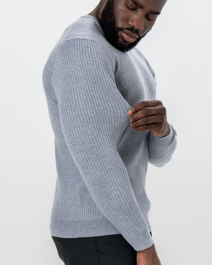 Mid-Weight Ribbed Knit Crewneck Sweater - Light Grey