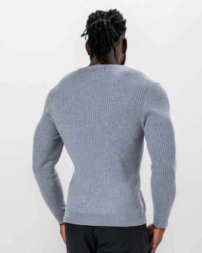 Mid-Weight Ribbed Knit Crewneck Sweater - Light Grey