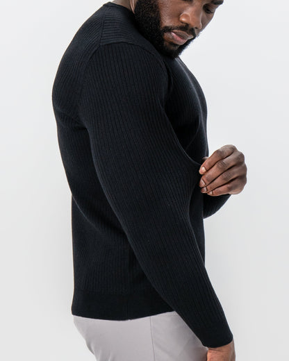 Mid-Weight Ribbed Knit Crewneck Sweater - Black