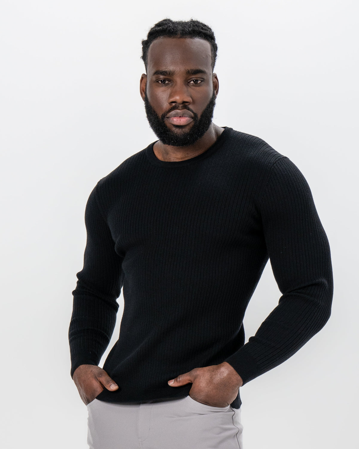Mid-Weight Ribbed Knit Crewneck Sweater - Black