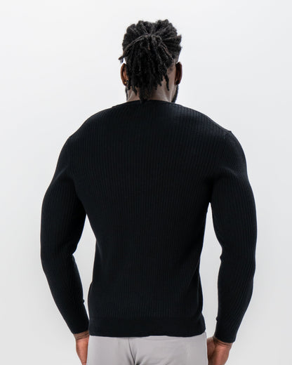 Mid-Weight Ribbed Knit Crewneck Sweater - Black