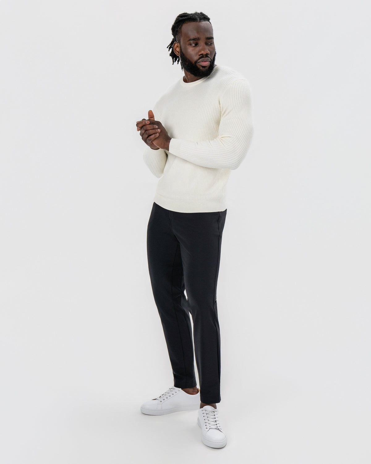 Mid-Weight Ribbed Knit Crewneck Sweater - Cream