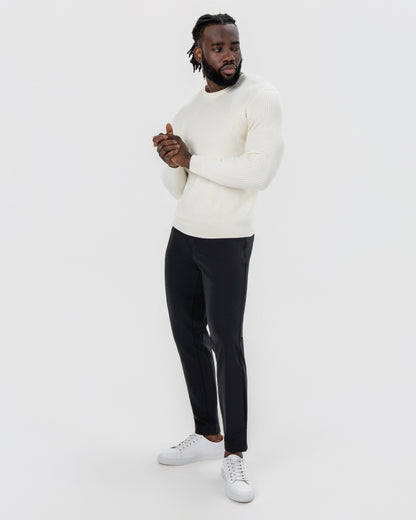Mid-Weight Ribbed Knit Crewneck Sweater - Cream