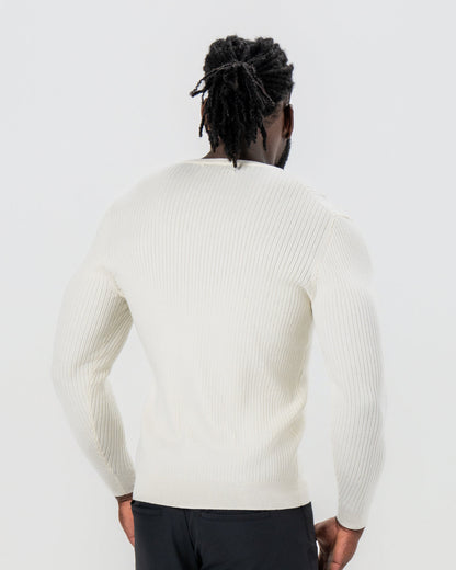 Mid-Weight Ribbed Knit Crewneck Sweater - Cream
