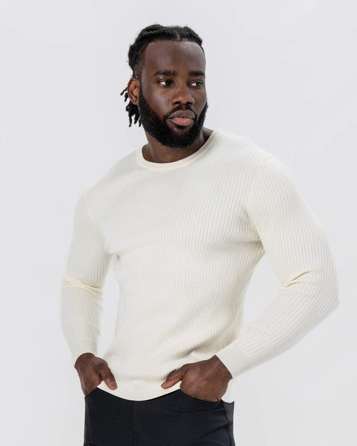 Mid-Weight Ribbed Knit Crewneck Sweater - Cream