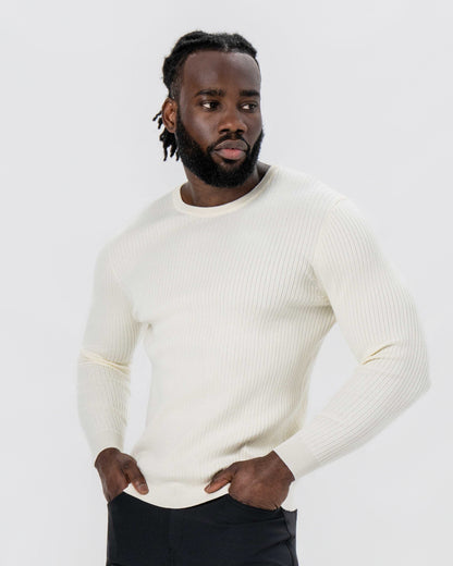 Mid-Weight Ribbed Knit Crewneck Sweater - Cream